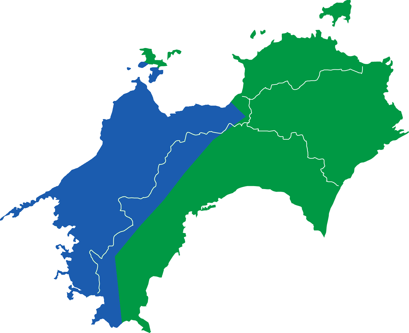 四国4県（愛媛・香川・徳島・高知）の対応エリア地図。愛媛県を強調